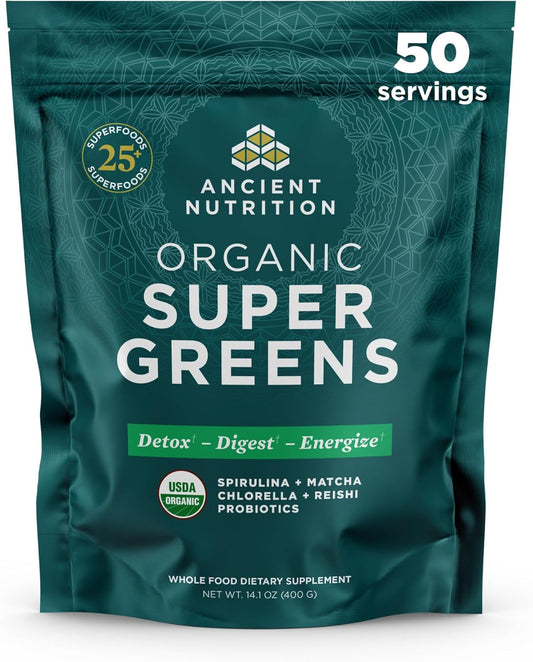 Organic Super Greens Powder with Probiotics, Spirulina, Chlorella, Matcha, Digestive Enzymes - 50 Servings - 14.1 oz