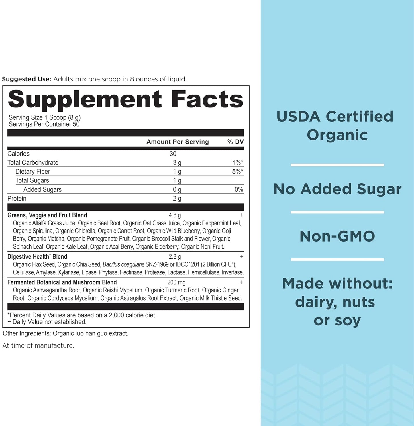 Organic Super Greens Powder with Probiotics, Spirulina, Chlorella, Matcha, Digestive Enzymes - 50 Servings - 14.1 oz