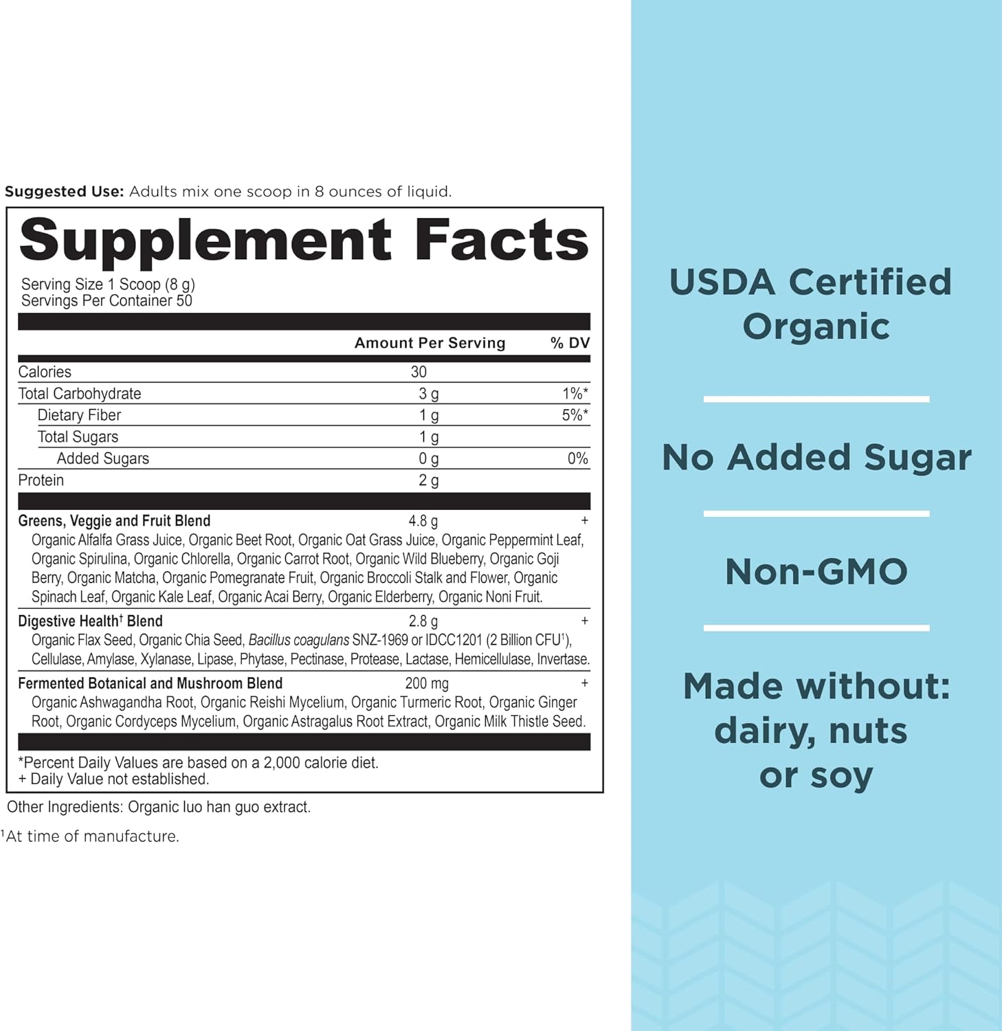 Organic Super Greens Powder with Probiotics, Spirulina, Chlorella, Matcha, Digestive Enzymes - 50 Servings - 14.1 oz