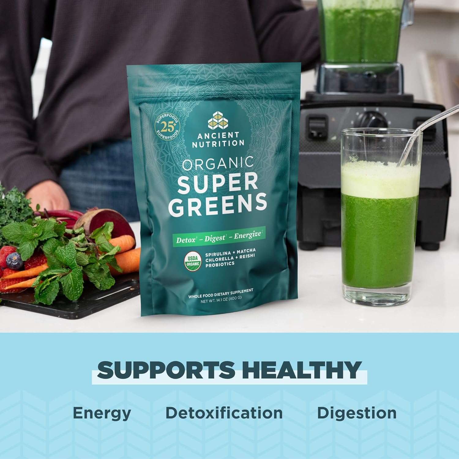 Organic Super Greens Powder with Probiotics, Spirulina, Chlorella, Matcha, Digestive Enzymes - 50 Servings - 14.1 oz
