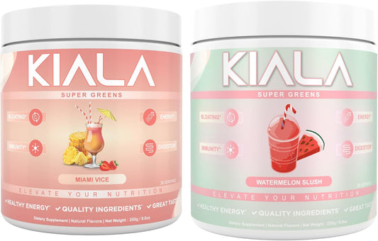 Organic Super Greens Powder with Spirulina & Chlorella for Digestion, Gut Health, Immunity & Energy - Gluten-Free, Vegan - Miami Vice & Watermelon Slush Flavors - 30 Servings