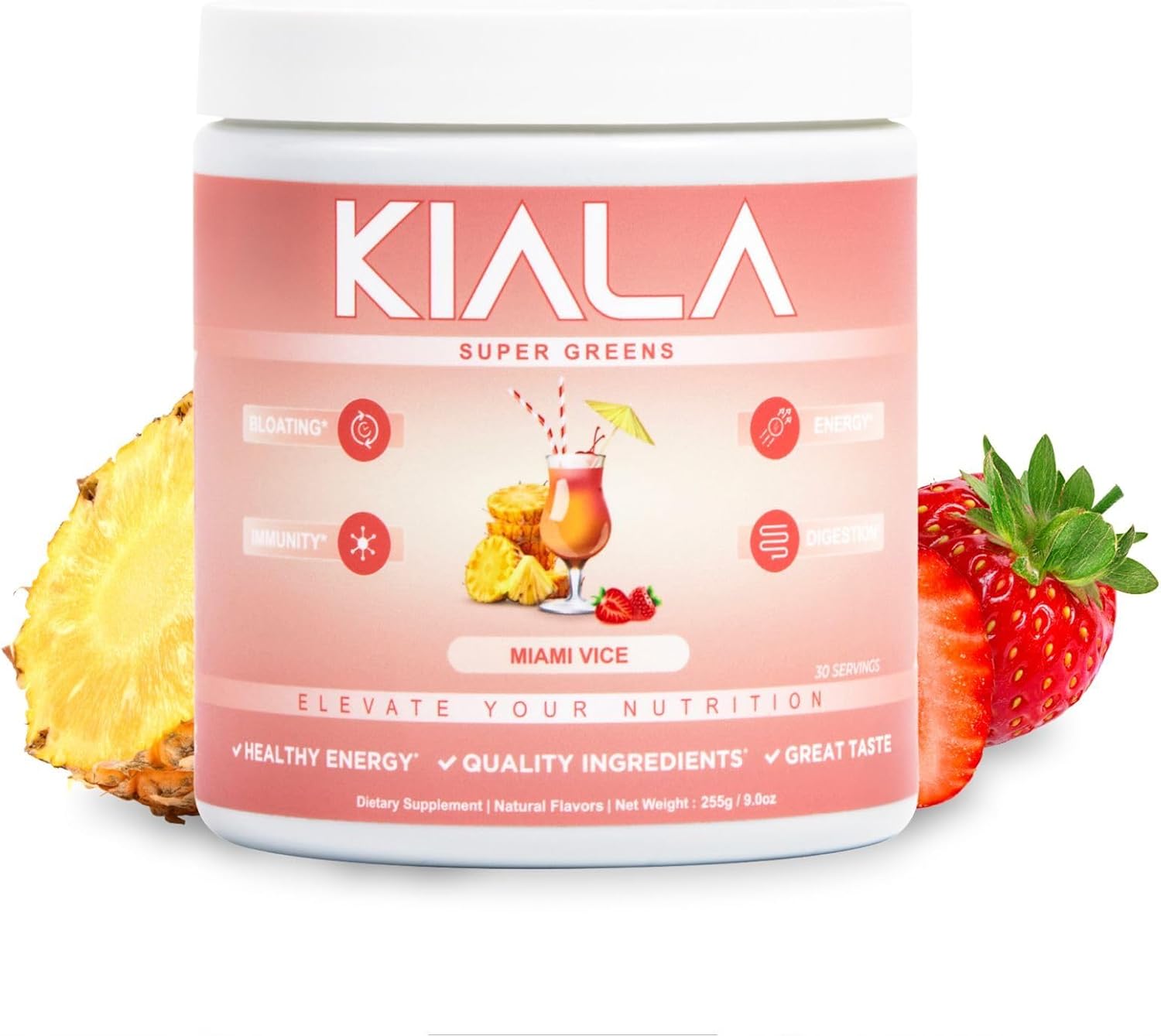 Organic Super Greens Powder with Spirulina & Chlorella for Digestion & Energy - Miami Vice Flavor, Gluten Free & Vegan - Women's Daily Support, 30 Servings