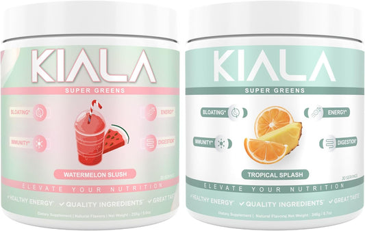 Organic Super Greens Powder with Spirulina & Chlorella for Digestion, Gut Health, Immunity & Energy - Watermelon Slush + Tropical Splash - Vegan & Gluten Free - 30 Servings