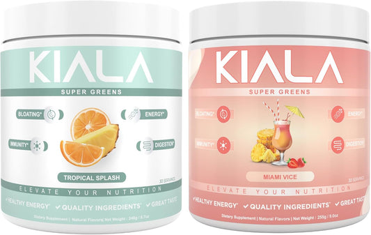 Organic Super Greens Powder with Spirulina & Chlorella for Digestion, Gut Health & Energy - Tropical Splash + Miami Vice, 30 Servings