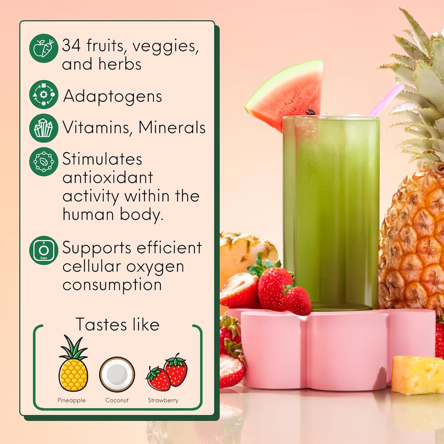 Organic Super Greens Powder with Spirulina & Chlorella for Digestion & Energy - Miami Vice Flavor, Gluten Free & Vegan - Women's Daily Support, 30 Servings