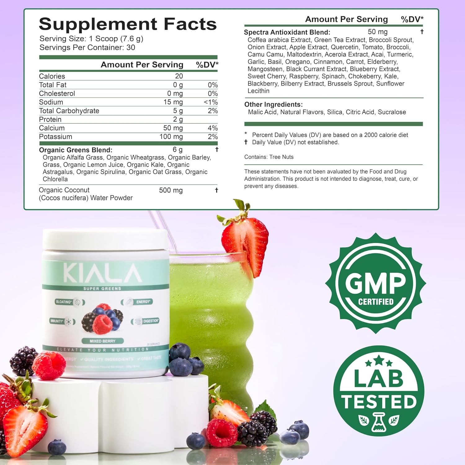 Organic Super Greens Powder with Spirulina & Chlorella for Digestion, Gut Health, Immunity & Energy - Watermelon Slush + Mixed Berry Flavor, 30 Servings - Gluten Free & Vegan - Kiala Nutrition