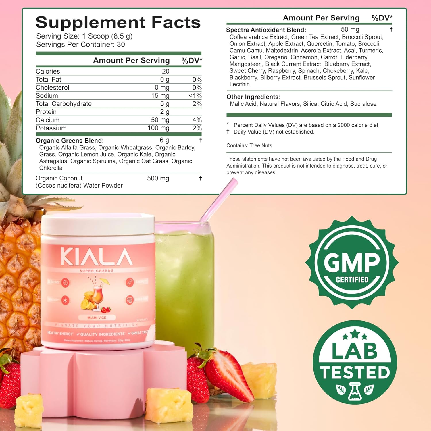 Organic Super Greens Powder with Spirulina & Chlorella for Digestion & Energy - Miami Vice Flavor, Gluten Free & Vegan - Women's Daily Support, 30 Servings