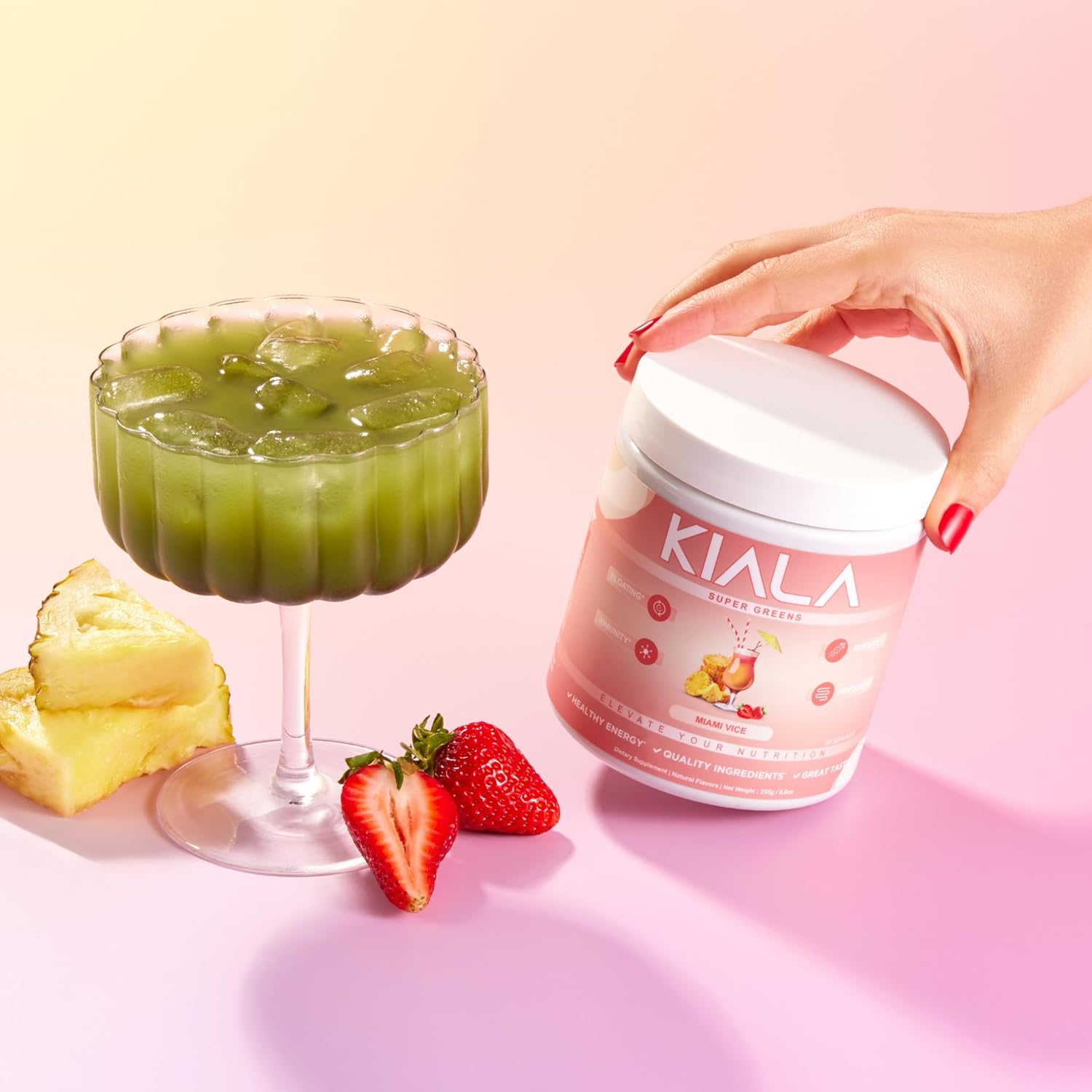 Organic Super Greens Powder with Spirulina & Chlorella for Digestion & Energy - Miami Vice Flavor, Gluten Free & Vegan - Women's Daily Support, 30 Servings