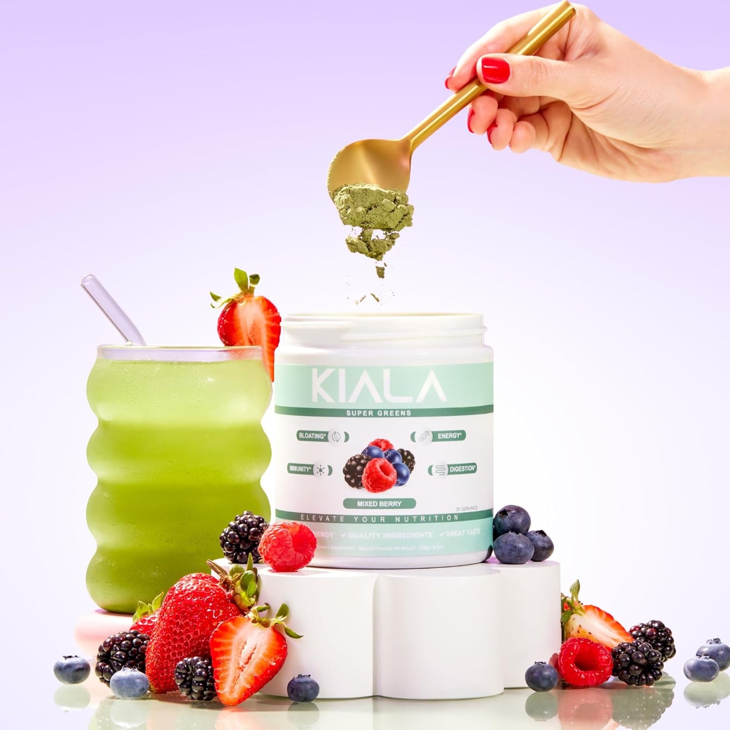 Organic Super Greens Powder with Spirulina & Chlorella for Digestion, Gut Health, Immunity & Energy - Watermelon Slush + Mixed Berry Flavor, 30 Servings - Gluten Free & Vegan - Kiala Nutrition