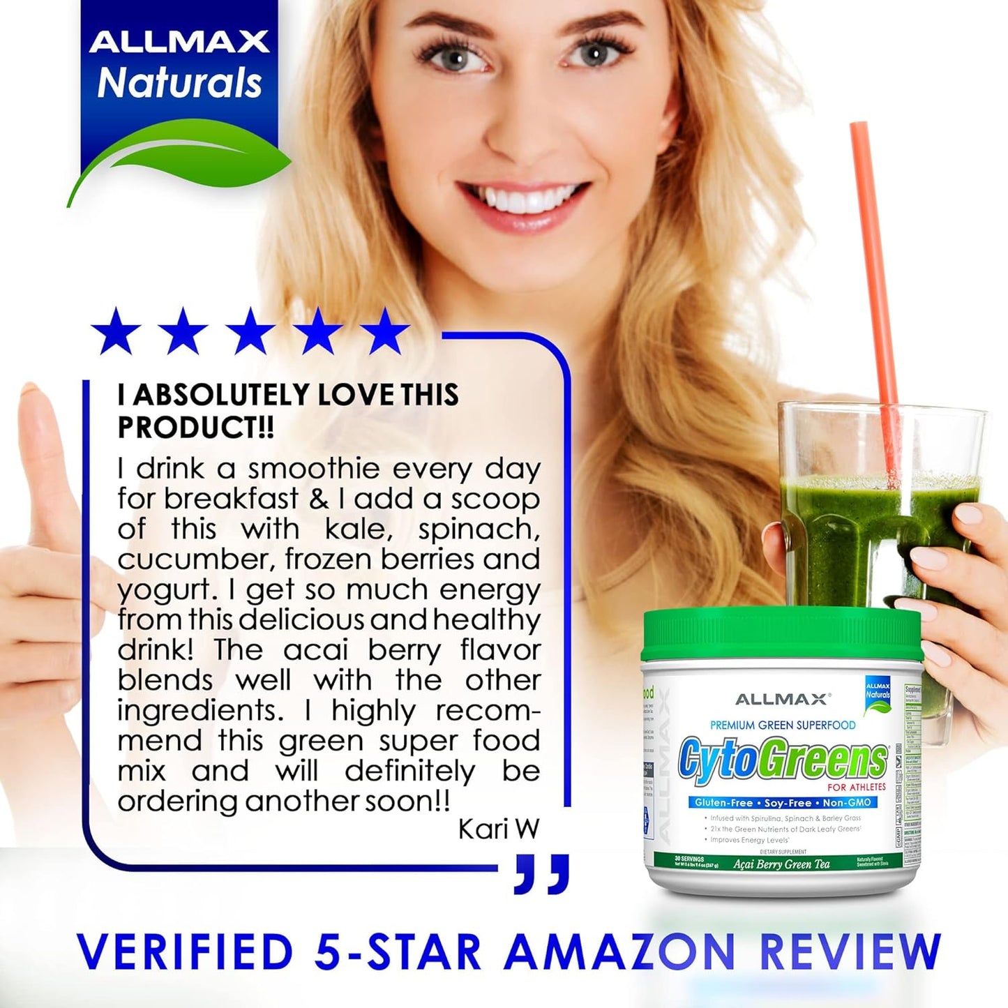 Organic Super Greens Powder with Spirulina, Spinach & Barley Grass - 125g Vegan Supplement for Immune Health and Digestion by ALLMAX Nutrition