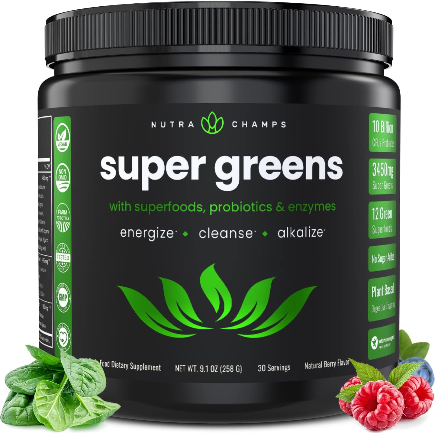 Organic Super Greens Powder with Wheat Grass, Spirulina, and Chlorella | Antioxidant, Digestive Enzyme & Probiotic Blends | Berry Flavored Superfood Supplement (9.0 Oz)