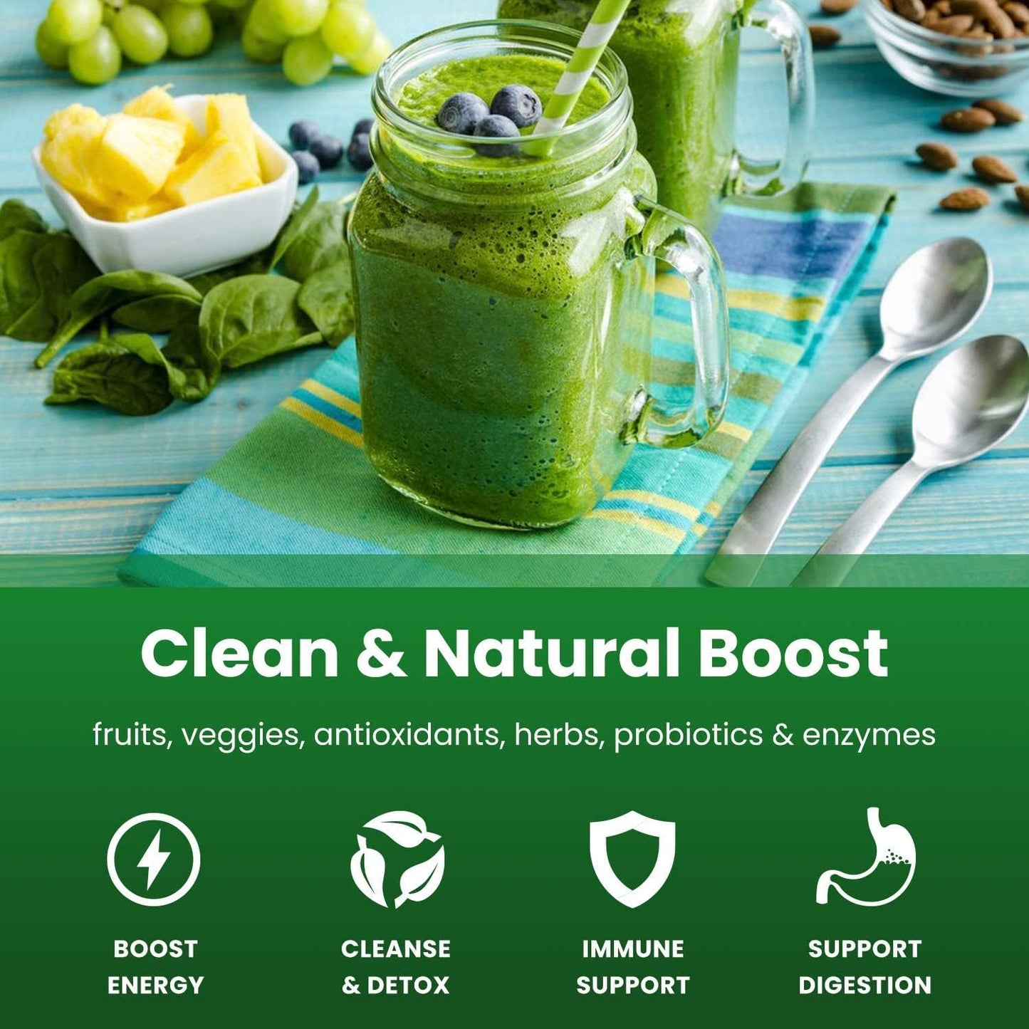 Organic Super Greens Powder with Wheat Grass, Spirulina, and Chlorella | Antioxidant, Digestive Enzyme & Probiotic Blends | Berry Flavored Superfood Supplement (9.0 Oz)