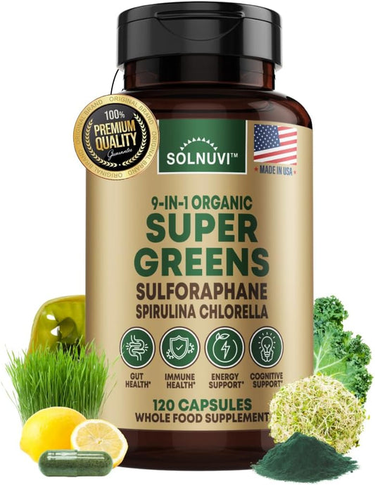 Organic Super Greens Superfood Capsules with Spirulina, Chlorella, Wheatgrass, and Kale Powder - Gut Health, Energy, and Immunity Support - 120 Vegan Capsules