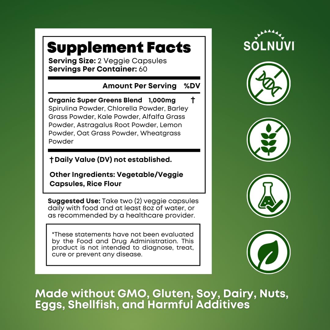 Organic Super Greens Superfood Capsules with Spirulina, Chlorella, Wheatgrass, and Kale Powder - Gut Health, Energy, and Immunity Support - 120 Vegan Capsules