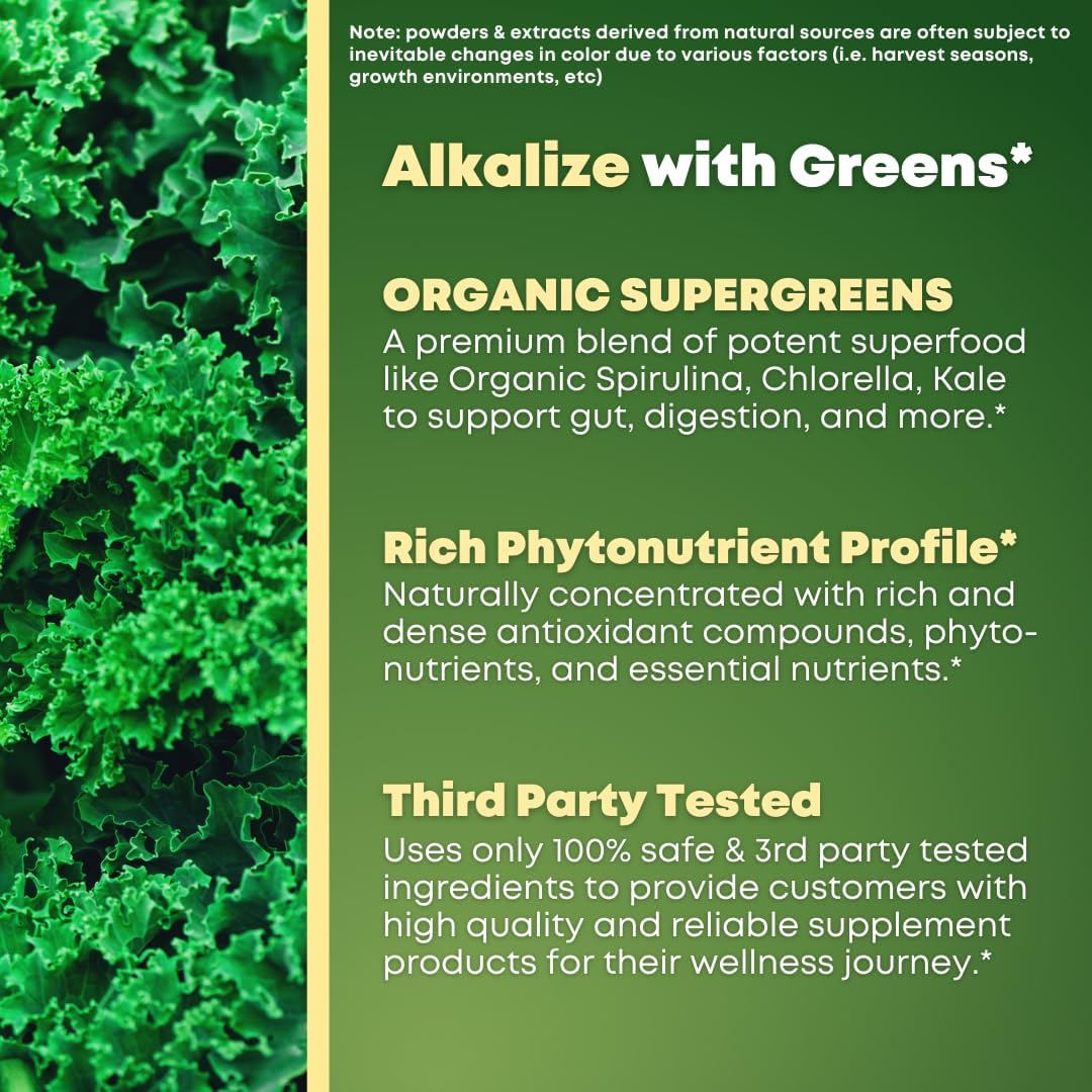 Organic Super Greens Superfood Capsules with Spirulina, Chlorella, Wheatgrass, and Kale Powder - Gut Health, Energy, and Immunity Support - 120 Vegan Capsules