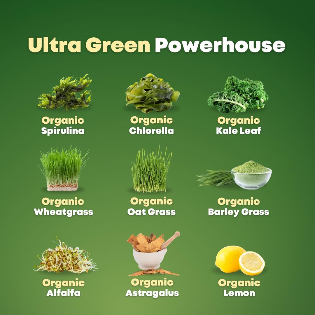 Organic Super Greens Superfood Capsules with Spirulina, Chlorella, Wheatgrass, and Kale Powder - Gut Health, Energy, and Immunity Support - 120 Vegan Capsules