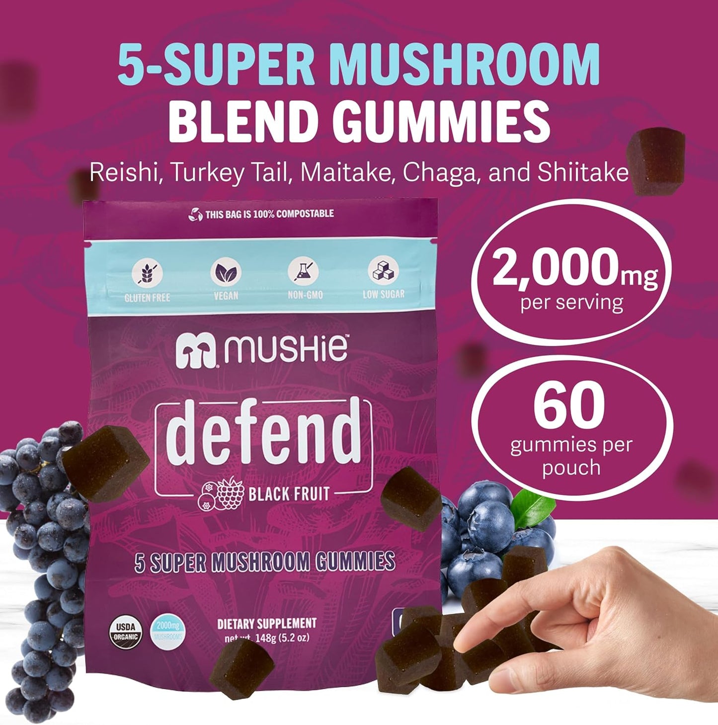Organic Super Mushroom Complex Gummies with 2000mg Reishi, Turkey Tail, Maitake, Chaga & Shiitake - Stress, Gut Health & Immune Support - Vegan, Gluten-Free - 60 Count - BoostGo Australia