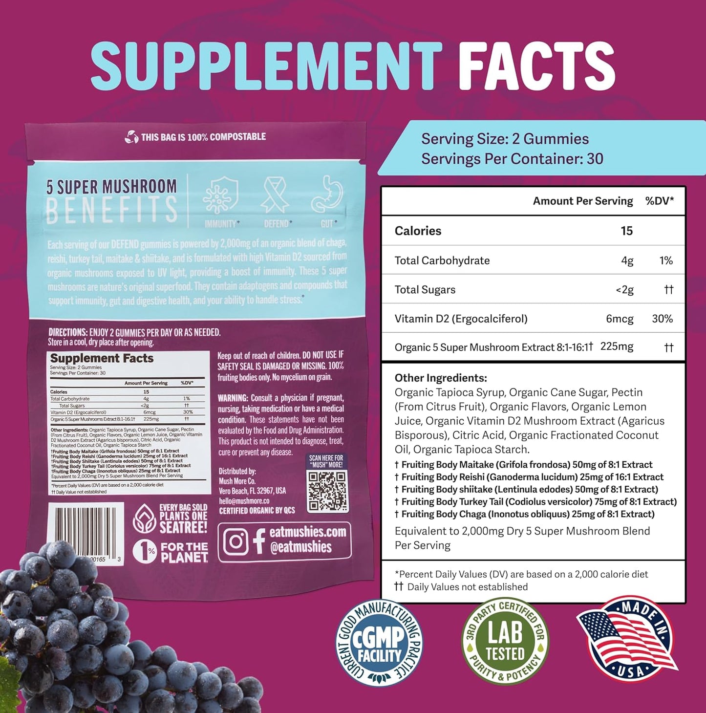 Organic Super Mushroom Complex Gummies with 2000mg Reishi, Turkey Tail, Maitake, Chaga & Shiitake - Stress, Gut Health & Immune Support - Vegan, Gluten-Free - 60 Count - BoostGo Australia