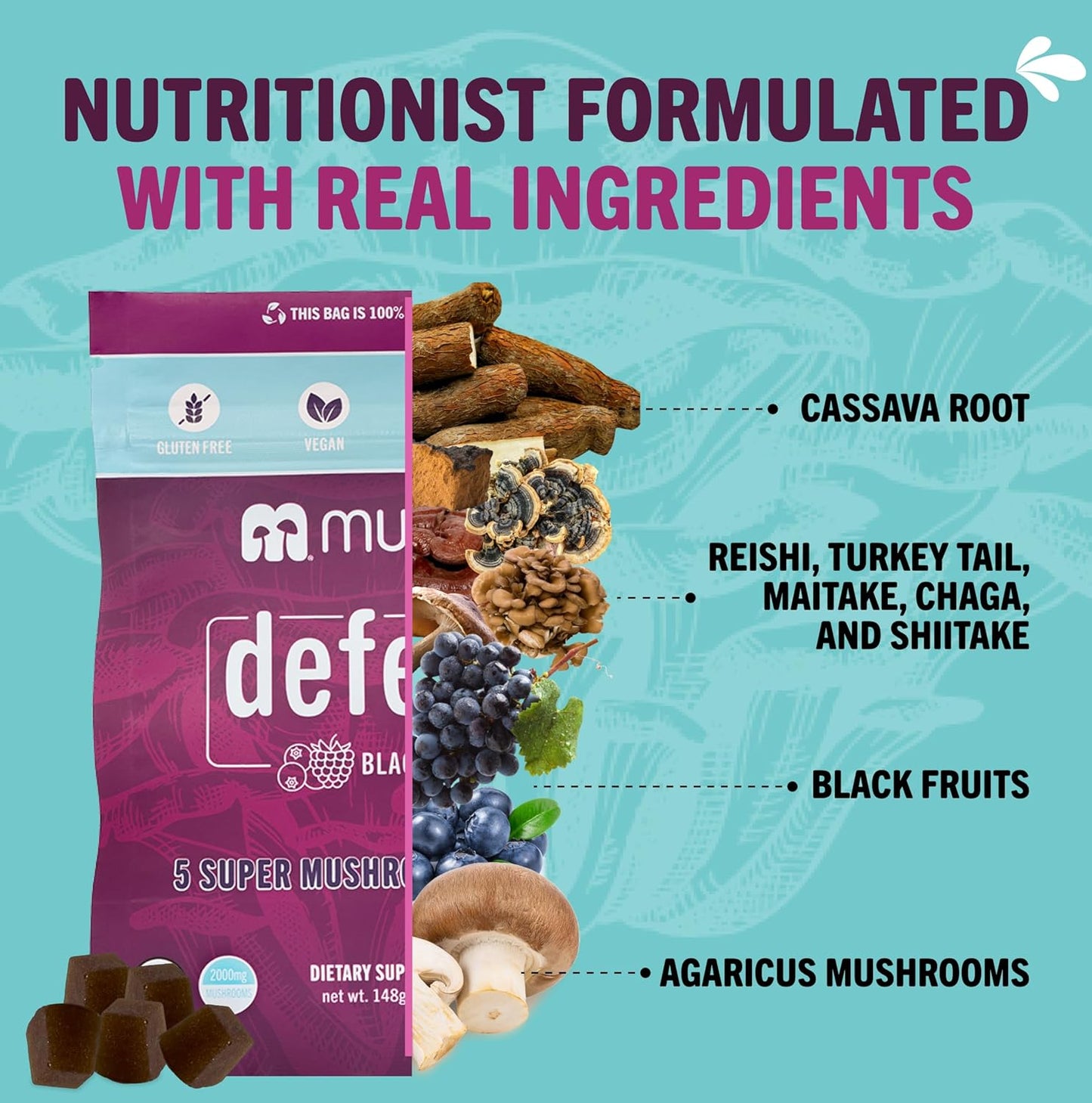 Organic Super Mushroom Complex Gummies with 2000mg Reishi, Turkey Tail, Maitake, Chaga & Shiitake - Stress, Gut Health & Immune Support - Vegan, Gluten-Free - 60 Count - BoostGo Australia