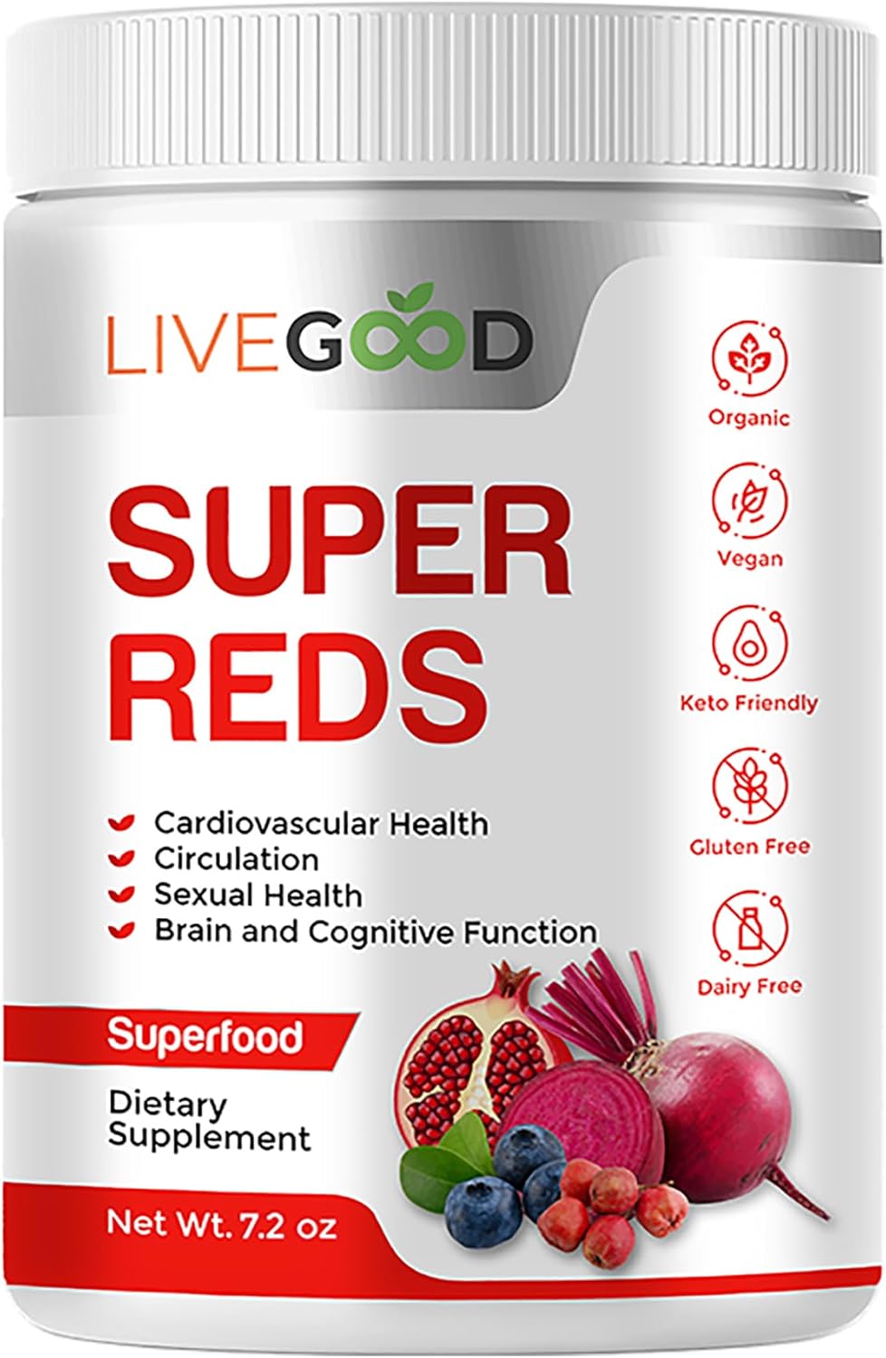 Organic Super Reds Powder with Alfalfa, Barley Grass, Beet Root, Pomegranate, Grape Seed - Vegan & Gluten Free - 7.2 oz.
