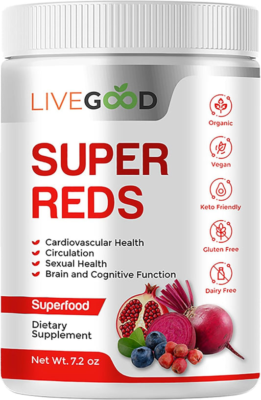 Organic Super Reds Powder with Alfalfa, Barley Grass, Beet Root, Pomegranate, Grape Seed - Vegan & Gluten Free - 7.2 oz.