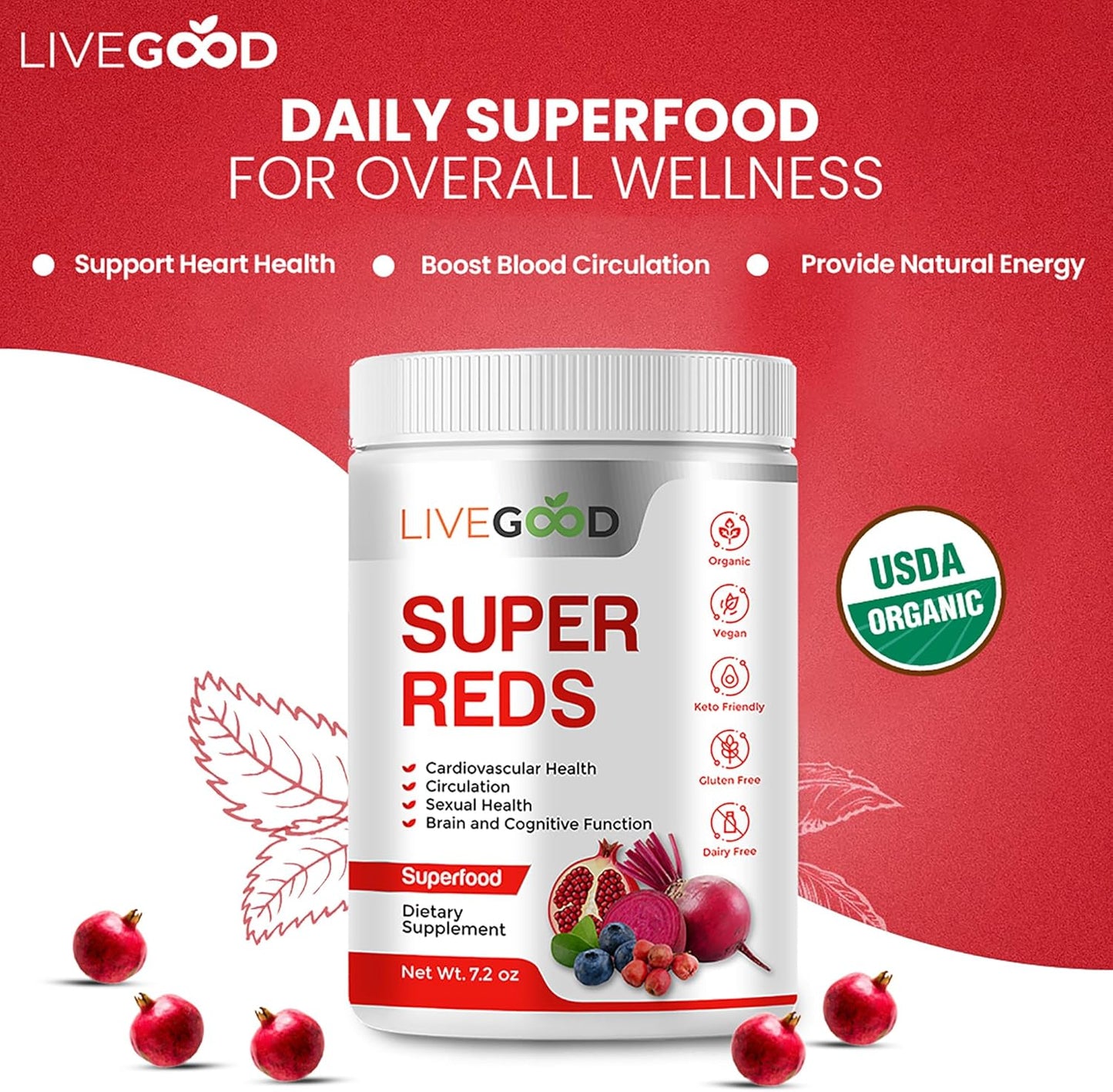 Organic Super Reds Powder with Alfalfa, Barley Grass, Beet Root, Pomegranate, Grape Seed - Vegan & Gluten Free - 7.2 oz.