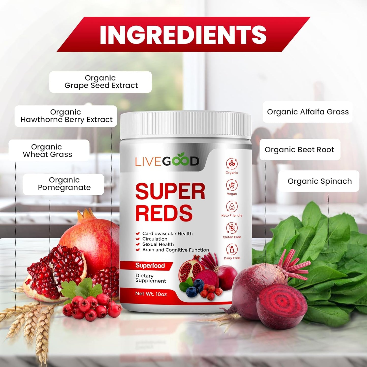 Organic Super Reds Powder with Alfalfa, Barley Grass, Beet Root, Pomegranate, Grape Seed - Vegan & Gluten Free - 7.2 oz.