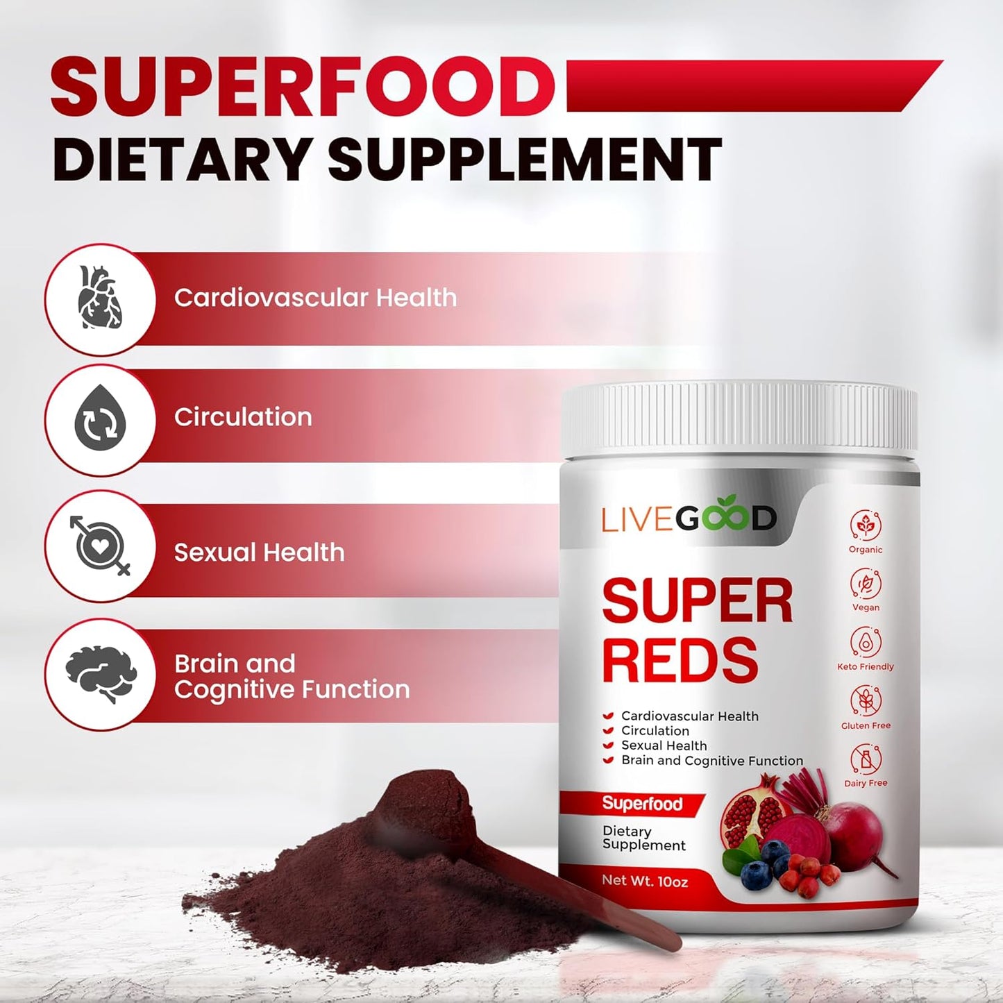 Organic Super Reds Powder with Alfalfa, Barley Grass, Beet Root, Pomegranate, Grape Seed - Vegan & Gluten Free - 7.2 oz.