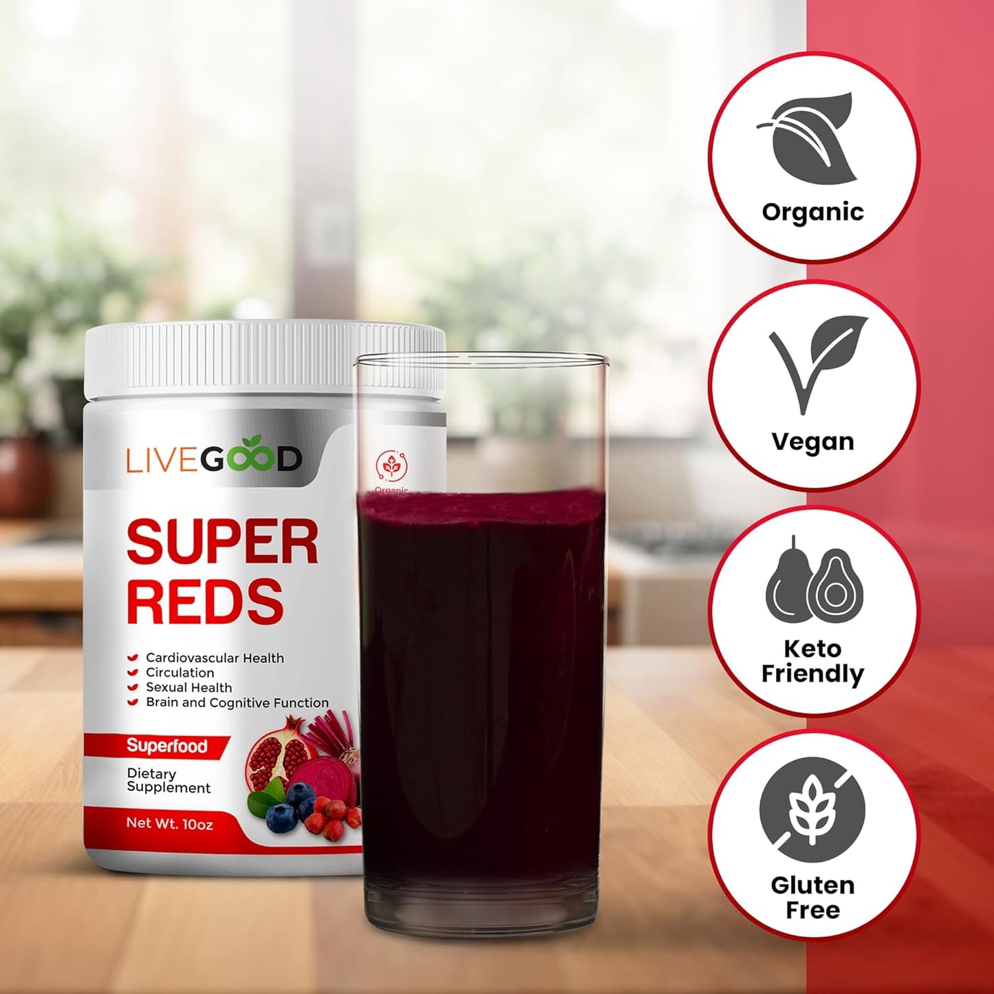 Organic Super Reds Powder with Alfalfa, Barley Grass, Beet Root, Pomegranate, Grape Seed - Vegan & Gluten Free - 7.2 oz.