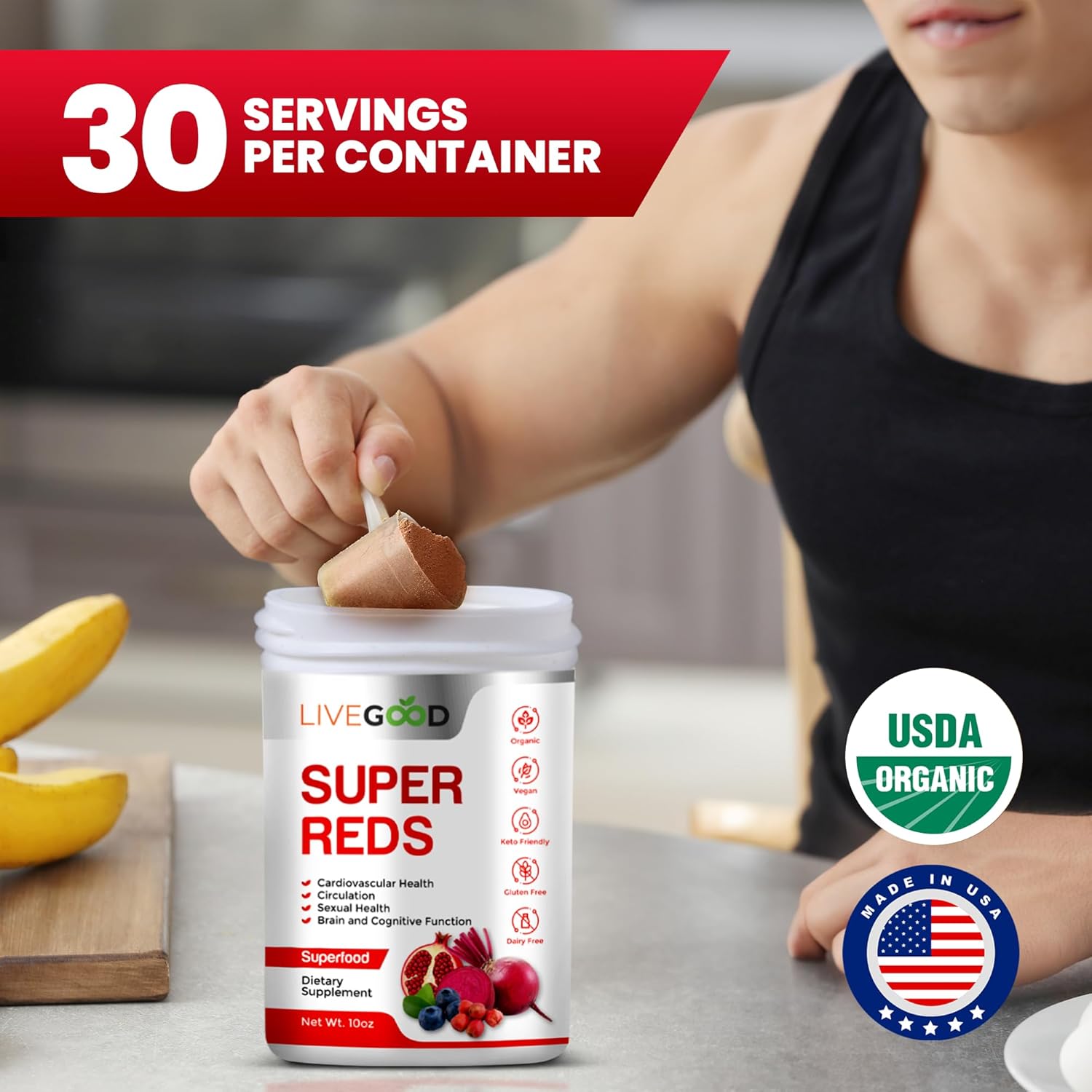 Organic Super Reds Powder with Alfalfa, Barley Grass, Beet Root, Pomegranate, Grape Seed - Vegan & Gluten Free - 7.2 oz.