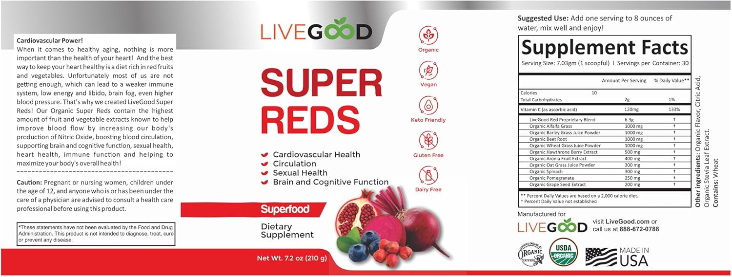 Organic Super Reds Powder with Alfalfa, Barley Grass, Beet Root, Pomegranate, Grape Seed - Vegan & Gluten Free - 7.2 oz.