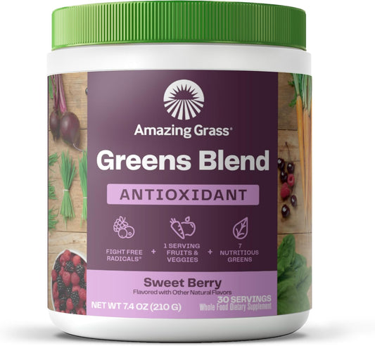 Organic Superfood Antioxidant Greens Powder with Spirulina, Beet Root, Elderberry, Probiotics - Sweet Berry Flavor, 30 Servings