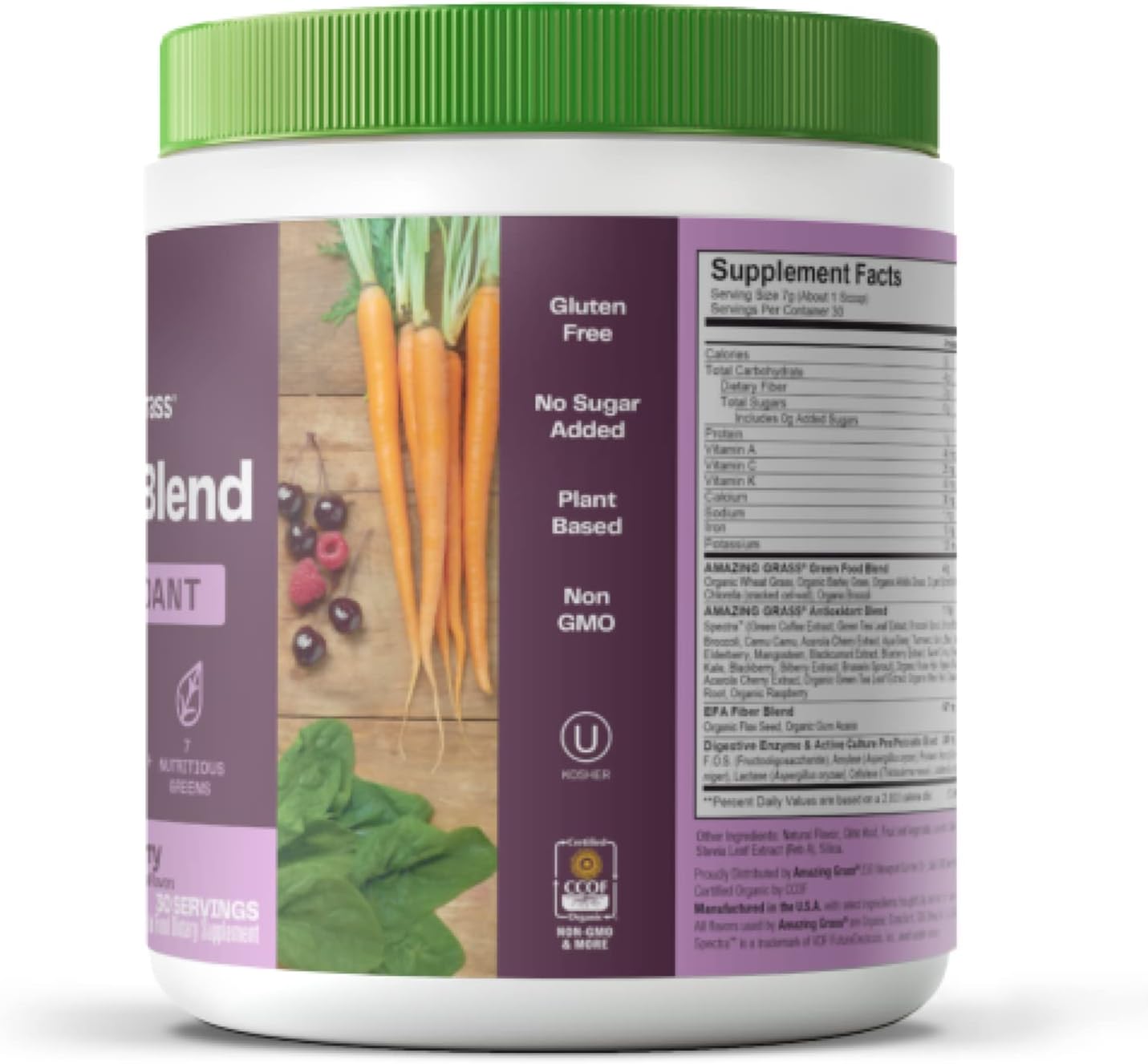 Organic Superfood Antioxidant Greens Powder with Spirulina, Beet Root, Elderberry, Probiotics - Sweet Berry Flavor, 30 Servings