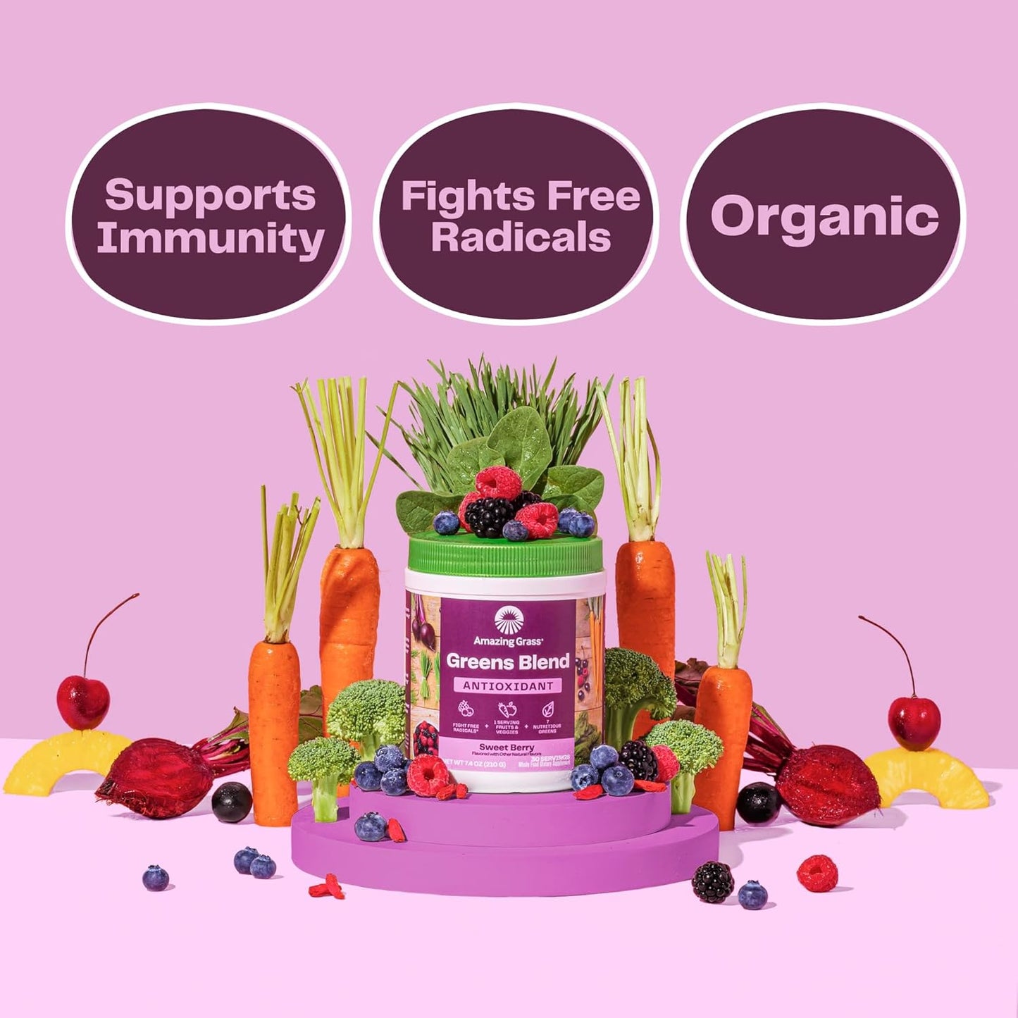 Organic Superfood Antioxidant Greens Powder with Spirulina, Beet Root, Elderberry, Probiotics - Sweet Berry Flavor, 30 Servings