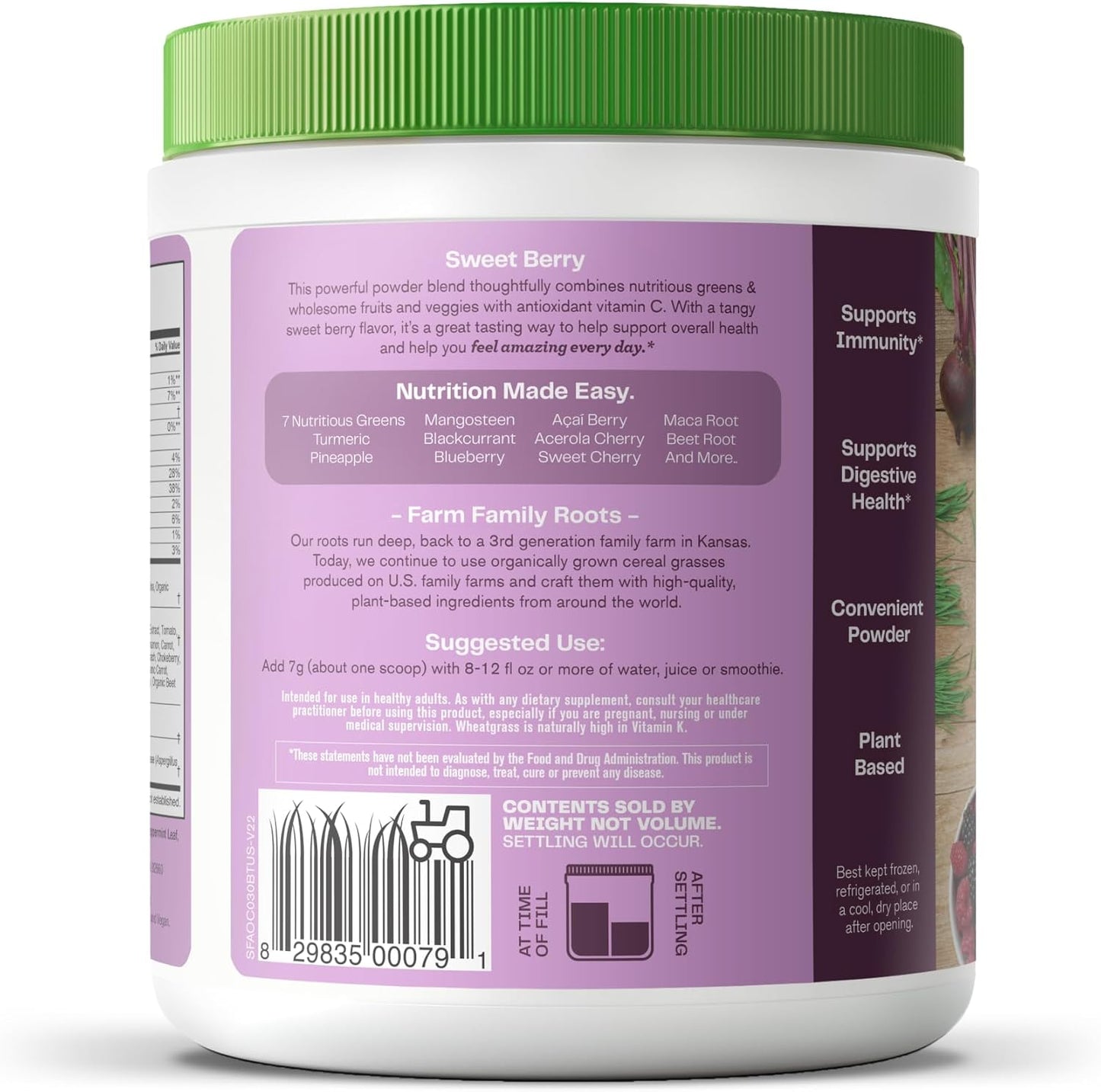 Organic Superfood Antioxidant Greens Powder with Spirulina, Beet Root, Elderberry, Probiotics - Sweet Berry Flavor, 30 Servings