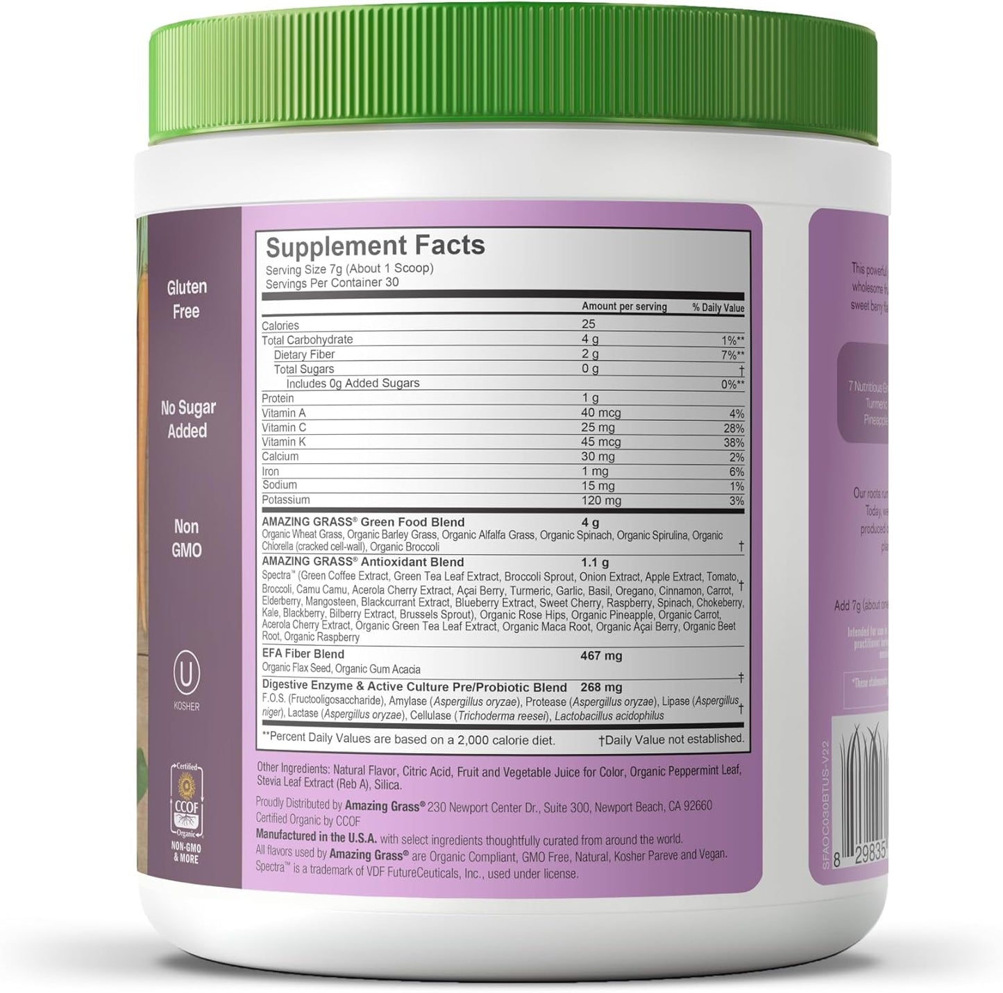 Organic Superfood Antioxidant Greens Powder with Spirulina, Beet Root, Elderberry, Probiotics - Sweet Berry Flavor, 30 Servings