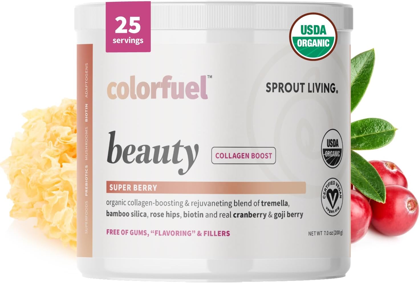 Organic Superfood Beauty Powder Drink Mix with Adaptogens for Hair, Skin & Nails Support - Vegan Collagen Boost, Biotin, Silica, Vitamin C - Super Berry Flavor - 25 Servings