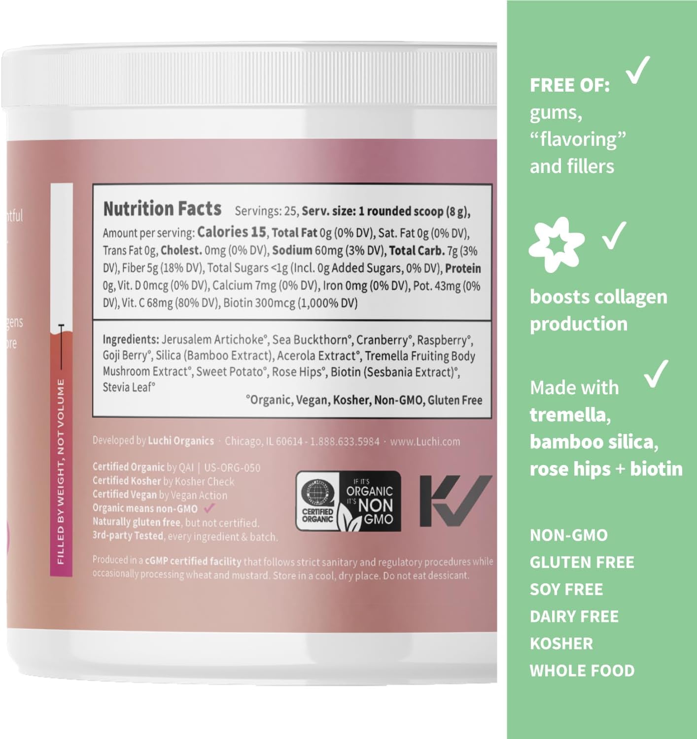 Organic Superfood Beauty Powder Drink Mix with Adaptogens for Hair, Skin & Nails Support - Vegan Collagen Boost, Biotin, Silica, Vitamin C - Super Berry Flavor - 25 Servings