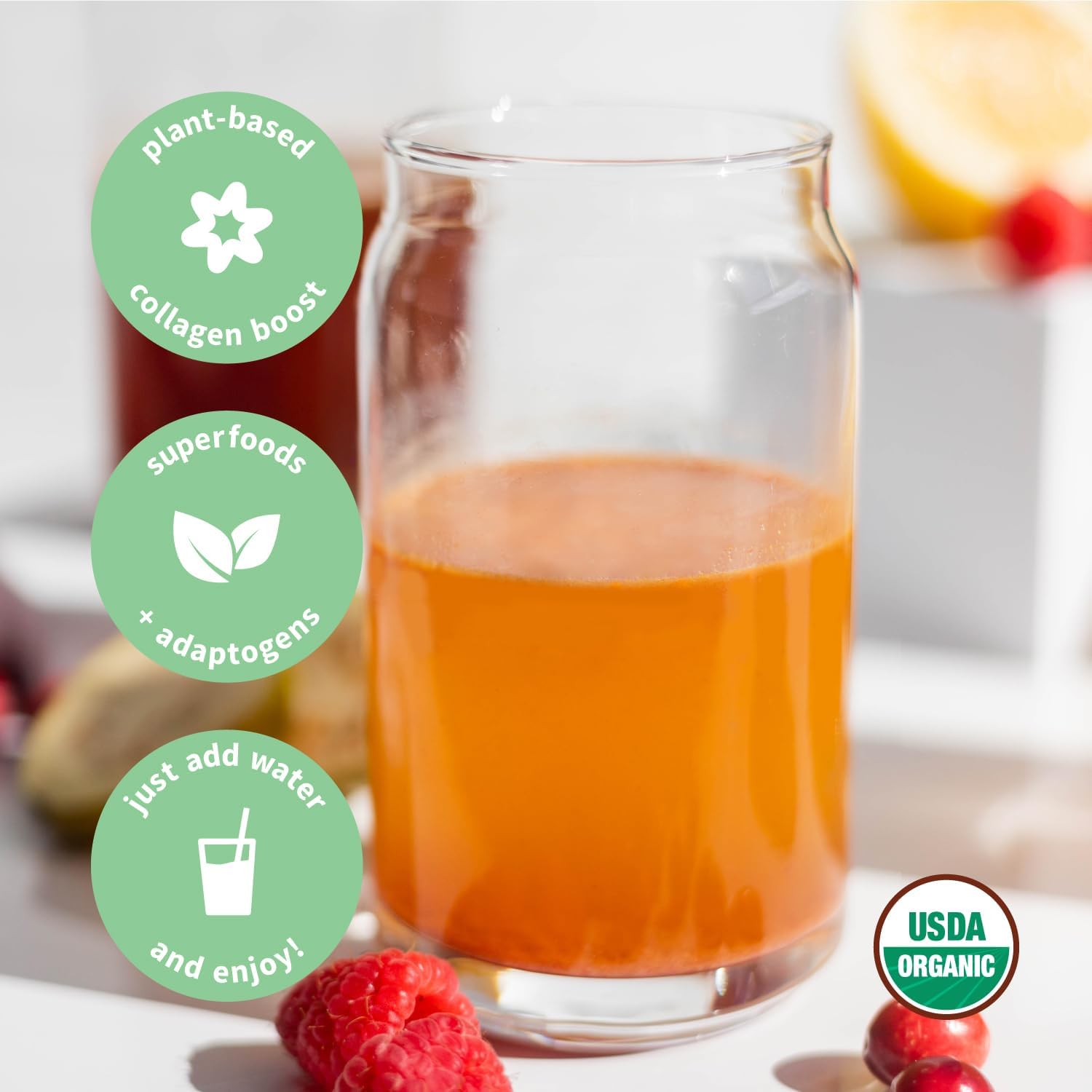 Organic Superfood Beauty Powder Drink Mix with Adaptogens for Hair, Skin & Nails Support - Vegan Collagen Boost, Biotin, Silica, Vitamin C - Super Berry Flavor - 25 Servings