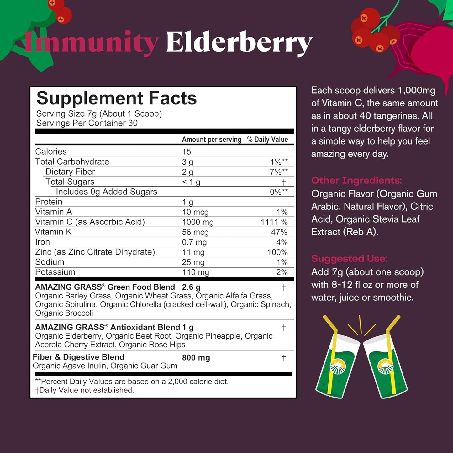 Organic Superfood Greens Powder with Immune Support for Digestive Health - 30 Servings
