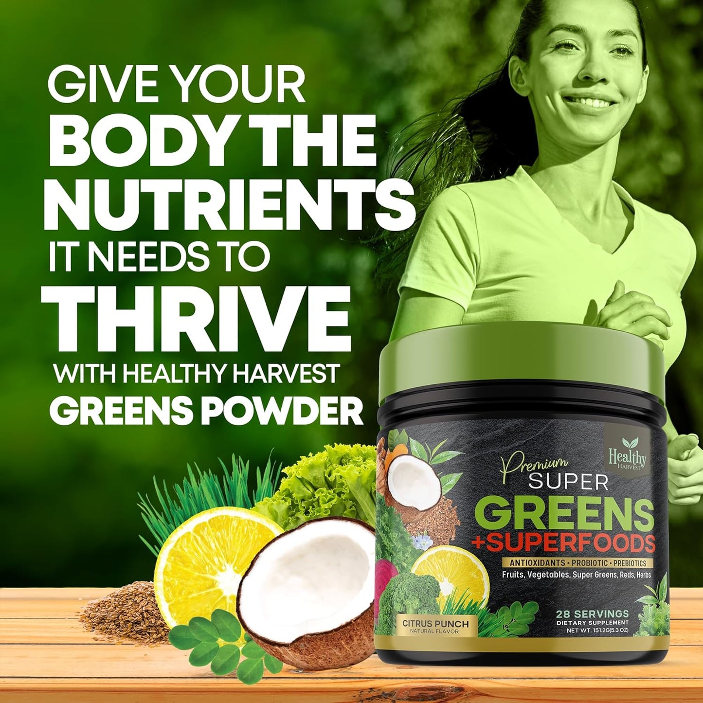 Organic Superfood Greens Powder with Spirulina, Wheat Grass, and Probiotics - Vegan Smoothie Mix with Antioxidants - Non-GMO - 28 Servings