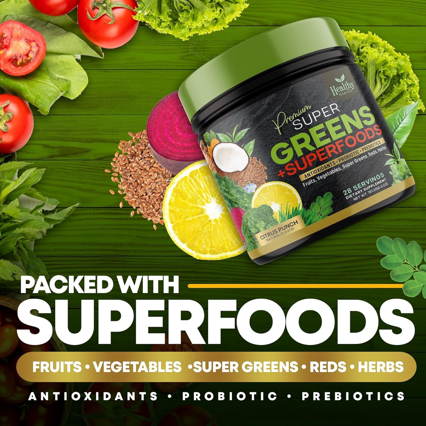 Organic Superfood Greens Powder with Spirulina, Wheat Grass, and Probiotics - Vegan Smoothie Mix with Antioxidants - Non-GMO - 28 Servings