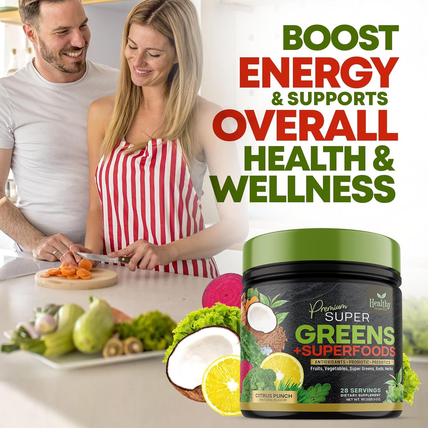 Organic Superfood Greens Powder with Spirulina, Wheat Grass, and Probiotics - Vegan Smoothie Mix with Antioxidants - Non-GMO - 28 Servings