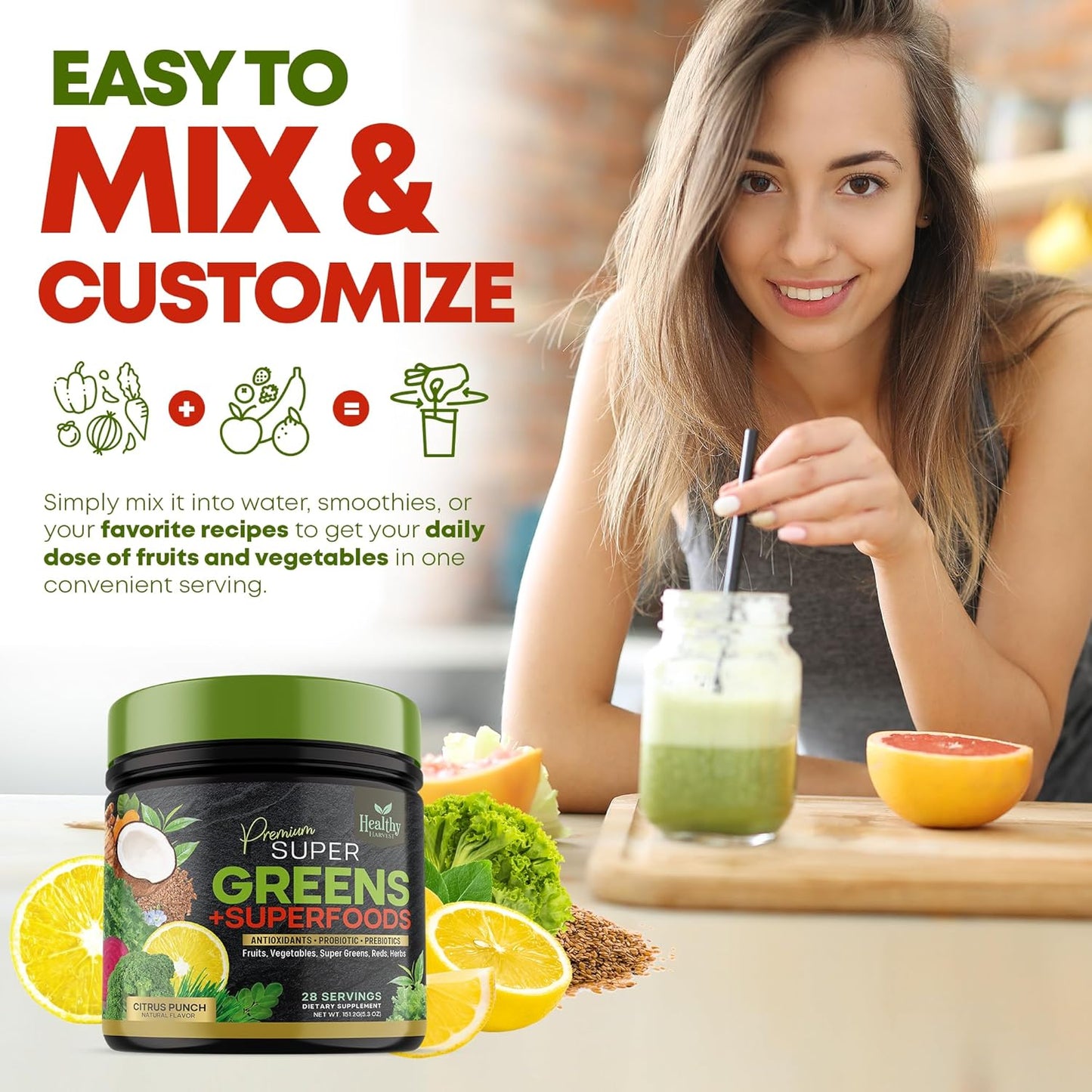 Organic Superfood Greens Powder with Spirulina, Wheat Grass, and Probiotics - Vegan Smoothie Mix with Antioxidants - Non-GMO - 28 Servings