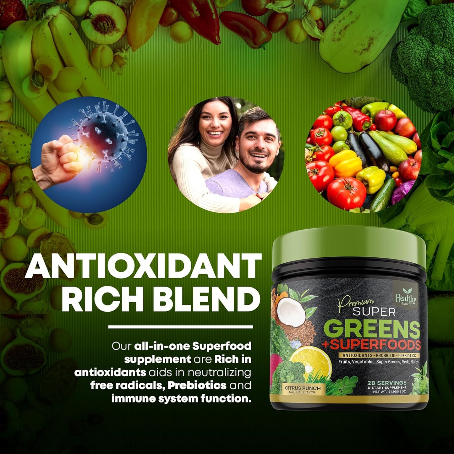 Organic Superfood Greens Powder with Spirulina, Wheat Grass, and Probiotics - Vegan Smoothie Mix with Antioxidants - Non-GMO - 28 Servings
