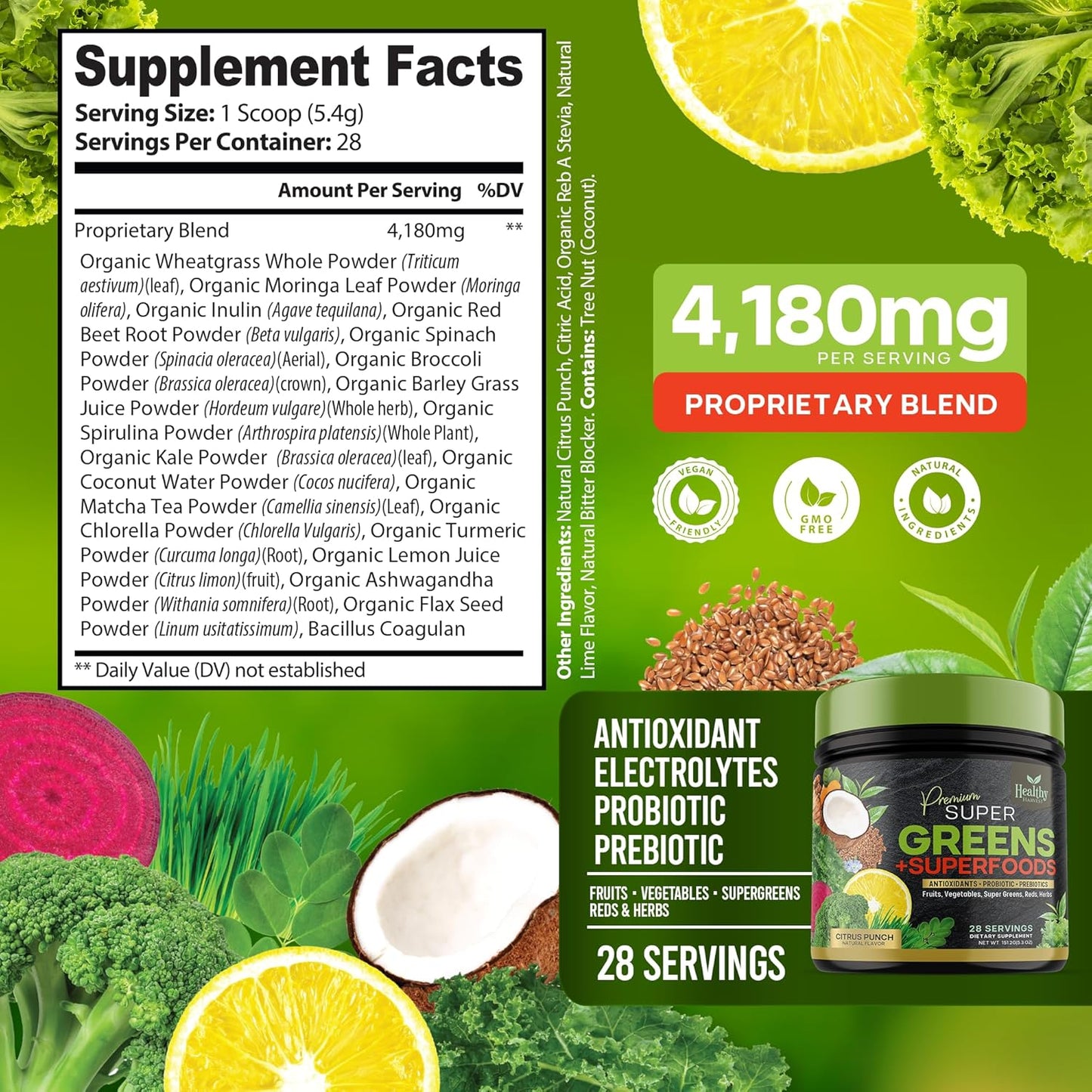 Organic Superfood Greens Powder with Spirulina, Wheat Grass, and Probiotics - Vegan Smoothie Mix with Antioxidants - Non-GMO - 28 Servings