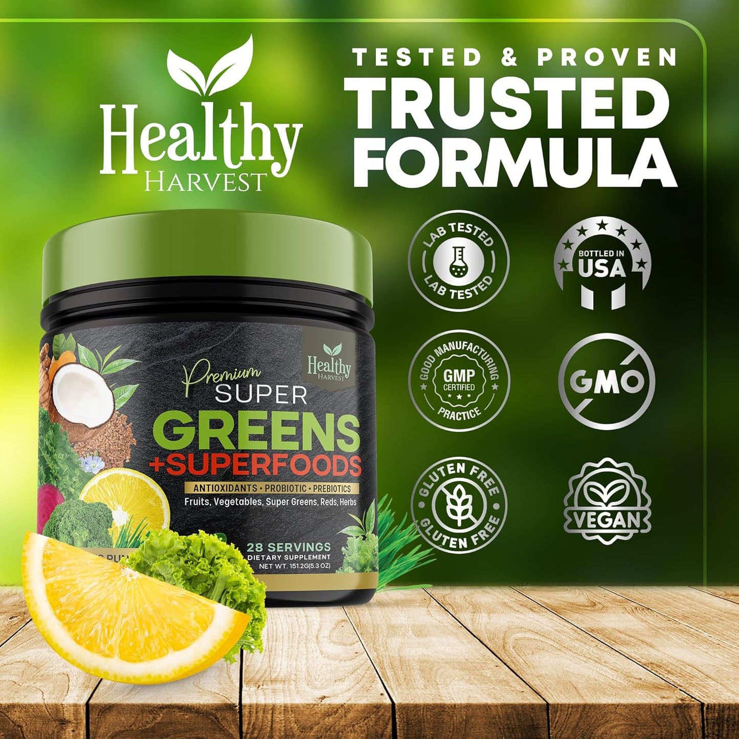 Organic Superfood Greens Powder with Spirulina, Wheat Grass, and Probiotics - Vegan Smoothie Mix with Antioxidants - Non-GMO - 28 Servings