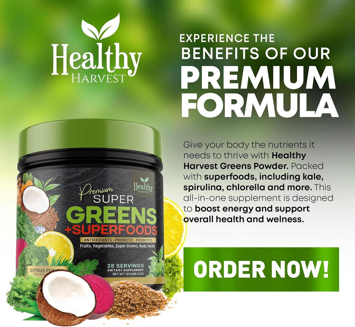 Organic Superfood Greens Powder with Spirulina, Wheat Grass, and Probiotics - Vegan Smoothie Mix with Antioxidants - Non-GMO - 28 Servings