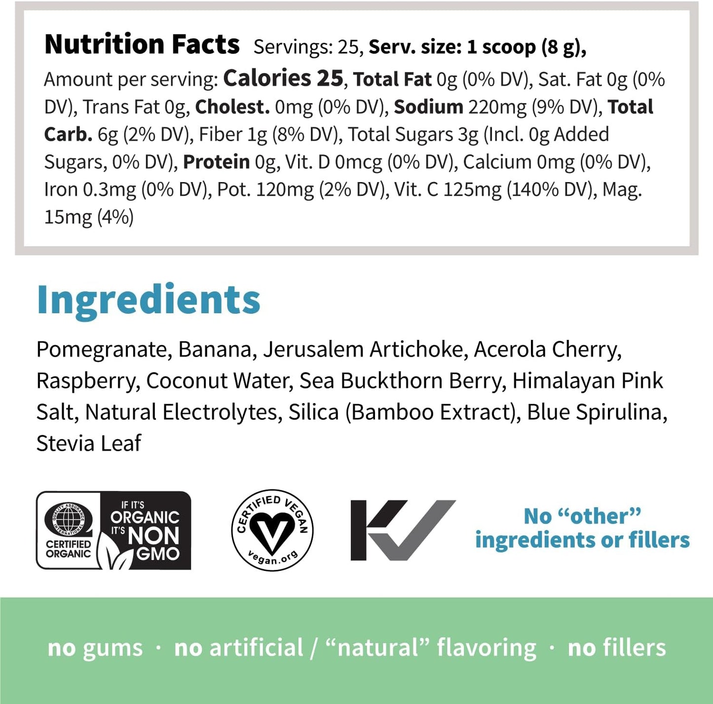 Organic Superfood Hydration Powder Mix with Adaptogens - Electrolytes, Recovery & Himalayan Pink Salt - Blue Raspberry Flavor - 25 Servings