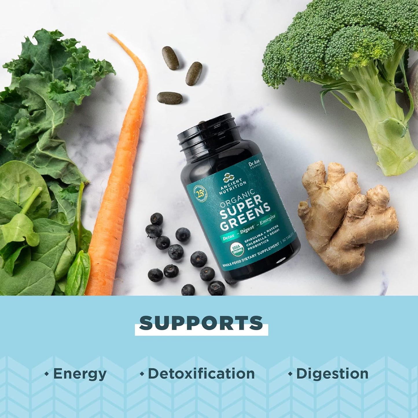 Organic Superfood Tablets with Probiotics, Ancient Nutrition Super Greens, Spirulina, Chlorella, Moringa, 90 Count